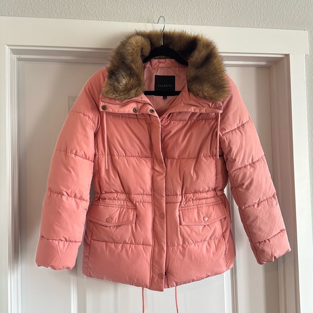 Talbots pink coat with faux fur collar